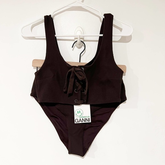 NWT Ganni Lace Up Grommet Tank Ribbed Dark Brown Bikini Set size 38/US 6 - Picture 5 of 9